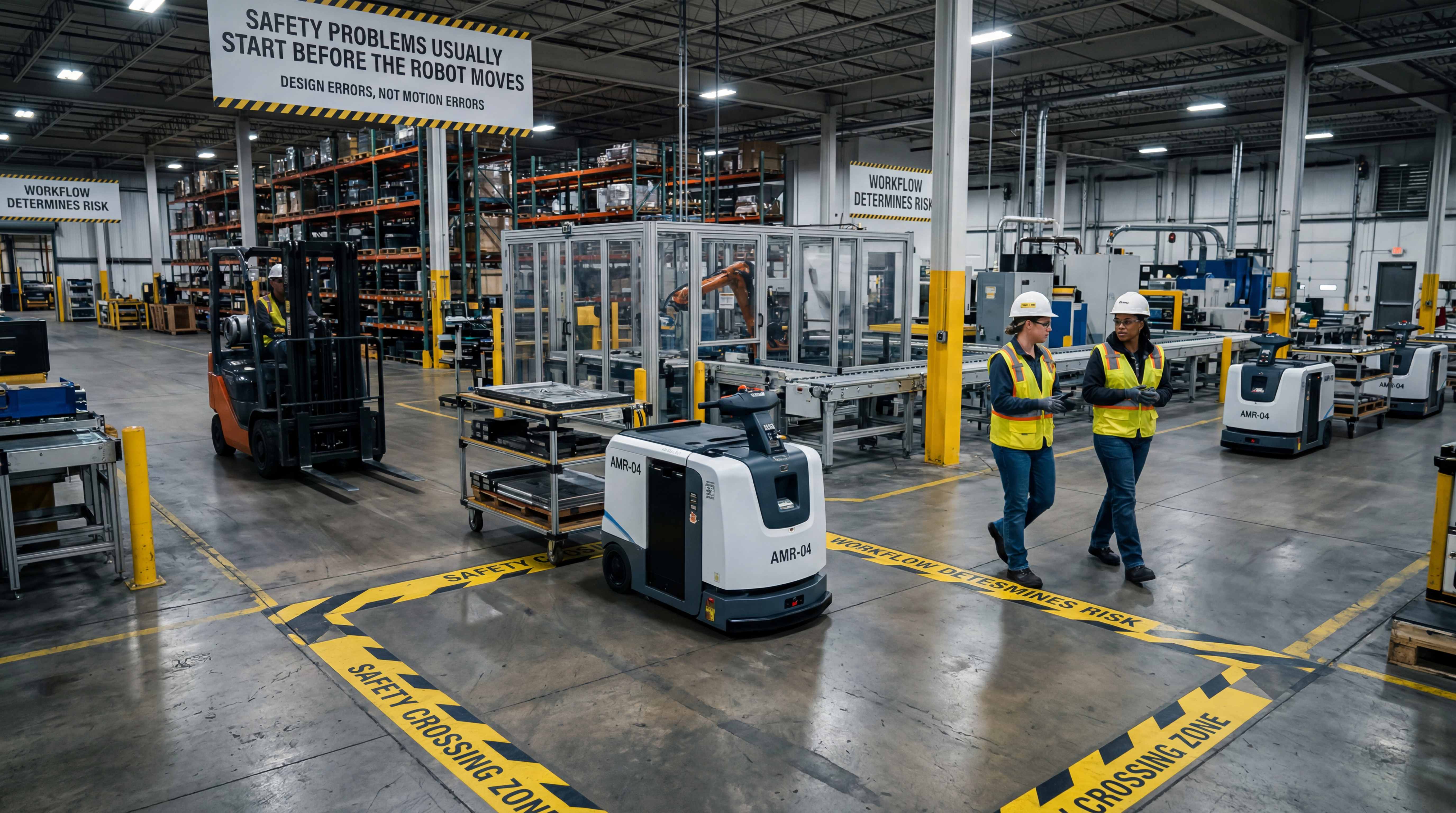AMR safety crossing zone designed to manage human-robot and forklift interaction in a factory environment